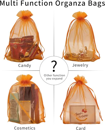 Miniatura 5 de Jexila - 100 bolsas de organza naranja de 5 x 7 pulgadas con cordón para calabazas de Halloween, bolsas de regalo para niños, bolsas de dulces