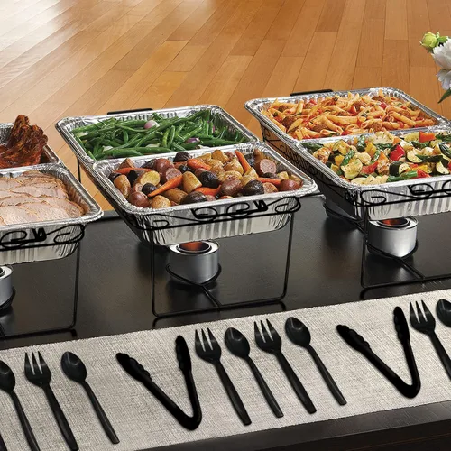 Miniatura 8 de Party Essentials Kit de servicio de bufé Elegance de 33 piezas, incluye estantes negros para rozar, sartenes de aluminio, sartenes de agua, latas