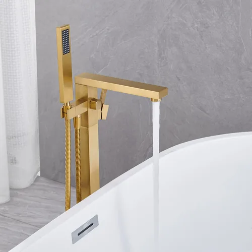 Miniatura 4 de Wowkk Grifo de bañera independiente, relleno de bañera de oro cepillado, montaje en piso, grifos de baño de latón con una sola manija con ducha