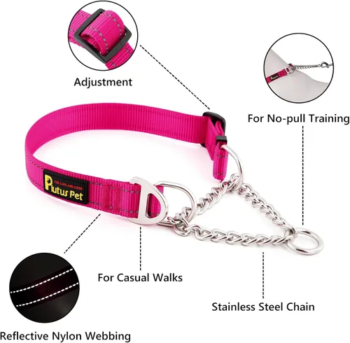 Miniatura 2 de Plutus Pet Martingale - Collar para perro con cadena de acero inoxidable y nailon reflectante, collar de entrenamiento ajustable sin tirones