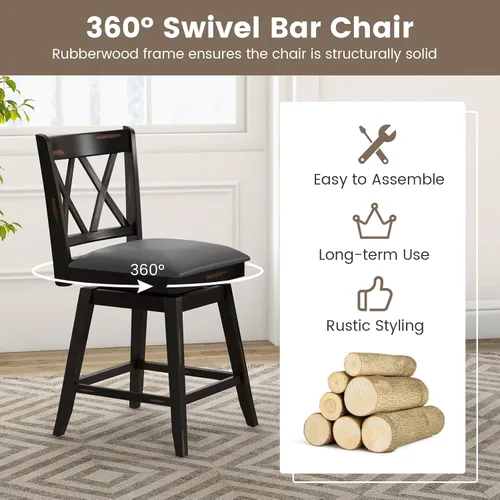 Miniatura 6 de COSTWAY Juego de 2 Taburetes de Bar para Isla de Cocina, Silla de Altura de Mostrador de 25 Pulgadas con Respaldo Ergonómico, Reposapiés, Superficie