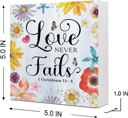 Miniatura 2 de Letrero de madera con texto en inglés "Love Never Fails" de 1 Corinthians 13:8, letrero de madera con versículo bíblico, decoración de escritorio