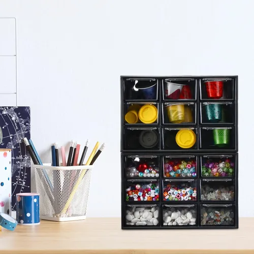 Miniatura 2 de Marsui Paquete de 4 organizadores de almacenamiento de escritorio con 9 cajones, organizador de manualidades con mini cajones, organizadores de Negro