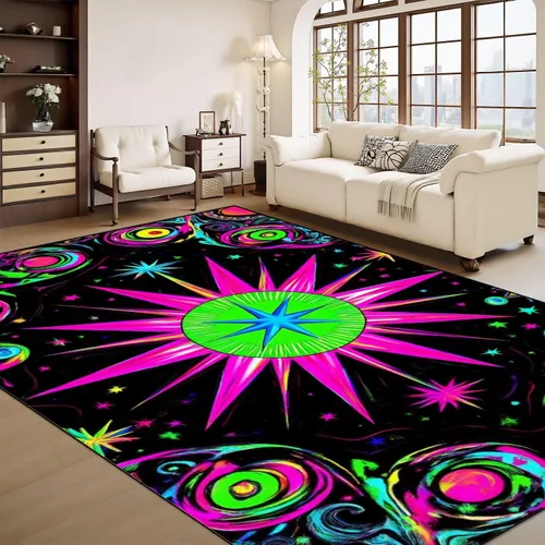 Miniatura 8 de Alfombra lavable de 8 x 10 pies para sala de estar, grande, suave, luz negra, sol, neón, reactiva a los rayos UV, luna celestial, estrella, planeta