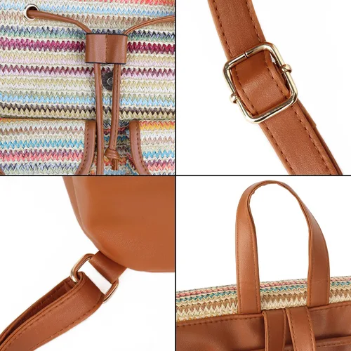 Miniatura 8 de Meyaus Mochila de paja hecha a mano para mujer, con solapa, cordón y cordón, Marrón claro, Mochilas Daypack