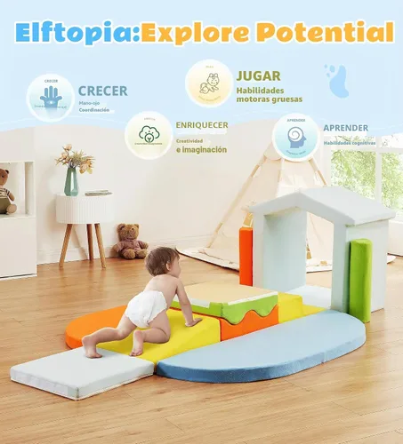 Miniatura 4 de Elftopia Bloques de escalada de espuma de 10 piezas con rampa y escaleras para niños pequeños, juego de gimnasio suave, juguetes de escalada