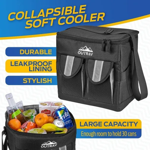 Enfriador aislado acolchado negro – Capacidad de 30 latas – Bolsa suave plegable a prueba de fugas para camping, picnic y viajes – Compartimento