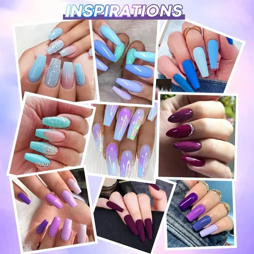 Miniatura 4 de AZUREBEAUTY Kit de iniciación de uñas en polvo de inmersión, 20 colores morado y azul con purpurina, bandeja de reciclaje de polvo de inmersión