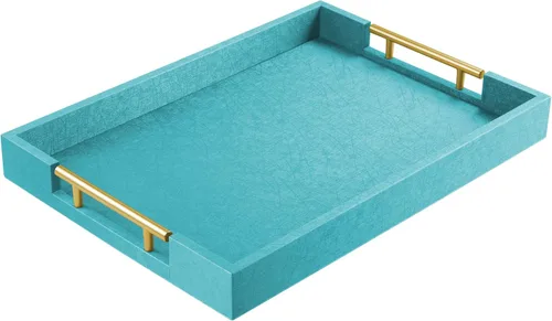 Miniatura 10 de ATZYmolin - Bandeja de servicio de madera de 17" x 12" con asas de metal dorado pulido, bandeja decorativa de madera rectangular para el hogar, Oro