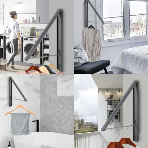 Miniatura 3 de Estante de secado de ropa plegable, colgador de ropa retráctil montado en la pared, 0.43 pulgadas de grosor, ahorro de espacio, organizador de Gris