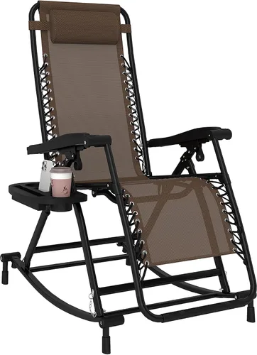 Outsunny Mecedoras para exteriores, plegables, reclinables, de gravedad cero, mecedora de descanso con almohada, portavasos y soporte para teléfono,