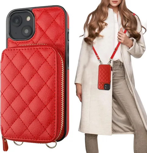 Miniatura 9 de Bocasal Funda tipo cartera cruzada para iPhone 14 Plus, bloqueo RFID, de piel sintética, con cremallera, funda tipo cartera con función atril y Negro