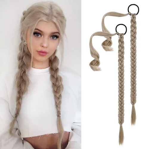 YOGFIT 2 piezas Extensión de cola de caballo trenzada DIY, extensión de cabello sintético suave y natural para mujer, cola de caballo larga recta