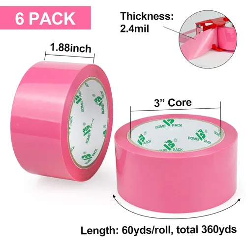 Miniatura 2 de BOMEI PACK Cinta de embalaje rosa con dispensador, 2.4 mil 1.88 pulgadas x 60 yardas, 6 rollos de repuesto de cinta de caja de color para mudanza