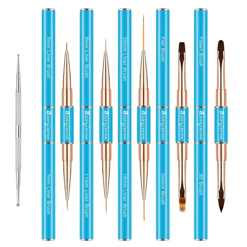 Miniatura 11 de Juego de brochas para arte de uñas, kit profesional de 5 piezas de brochas de uñas de doble punta para detalles, líneas largas, ombre y diseño 3D