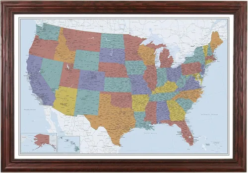 Miniatura 16 de Push Pin Travel Maps Lienzo personalizado Blue Oceans USA con marco gris de madera de granero