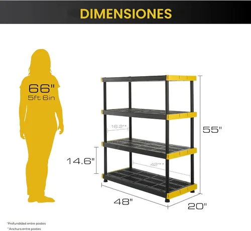 Miniatura 2 de Estantería de almacenamiento original de 4 niveles p/interiores y exteriores, unidad de almacenamiento resistente, color negro y amarillo