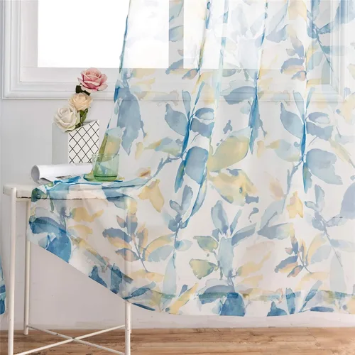 Miniatura 14 de VISIONTEX Cortinas transparentes con estampado de gasa, estilo abstracto europeo, estampado de hojas azules y amarillas, 2 paneles para decoración