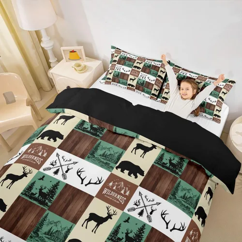Miniatura 10 de Erosebridal Funda de edredón rústica de ciervo, tamaño individual, funda de edredón de retazos de oso para niños, adolescentes y adultos, juego