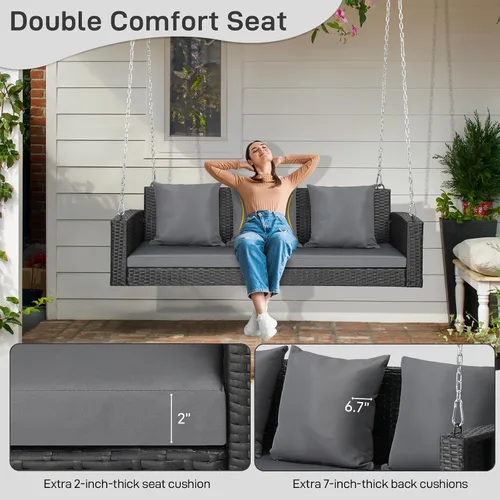Miniatura 5 de Outvita Banco colgante de porche para 2 personas, banco de mimbre para exteriores con cojín y almohada para patio, jardín, soporta hasta 800 libras