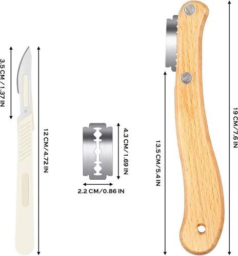Miniatura 2 de Mudder Herramienta de puntuación de masa madre con 10 cuchillas reemplazables, mango de madera y 2 cuchillos con cubierta protectora para hornear