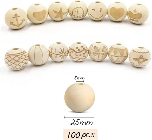 Miniatura 2 de 100 cuentas de madera natural de 0.984 in, cuentas espaciadoras de madera sin terminar de 1 pulgada, bolas redondas para hacer manualidades