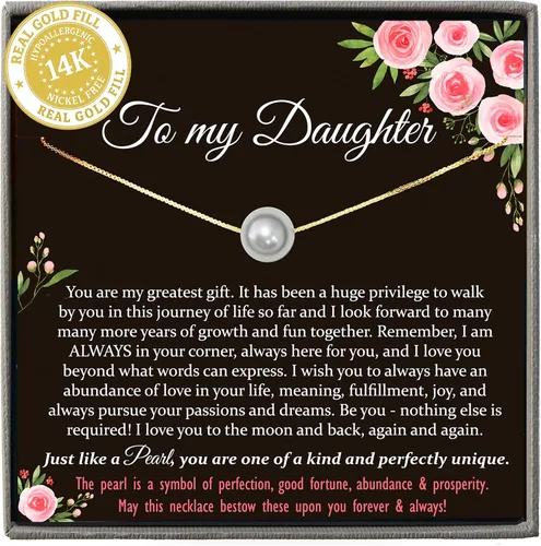 Miniatura 32 de Collar de hija relleno de oro de mamá o papá, collar clásico de perlas blancas con mensaje significativo, listo para regalar