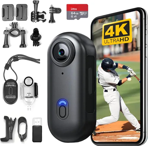 H8 Cámara de Acción Thumb de 64GB 4K, Mini Cámaras Corporales, Cámara de Vlogging de Bolsillo Portátil, Montaje de Múltiples Accesorios en Cualquier