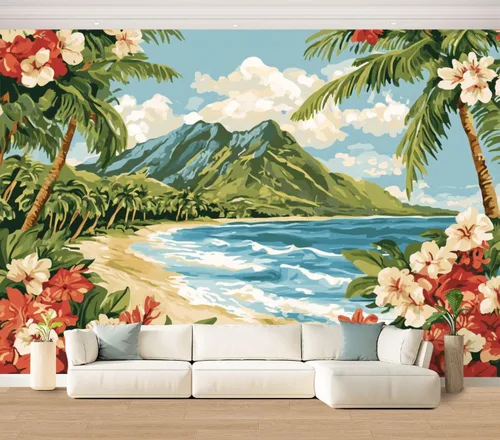 Miniatura 26 de Hawaii - Mural de pared retro exótico exótico tropical con olas de playa, paisaje, vintage, despegar y pegar, autoadhesivo, extraíble, adhesivo