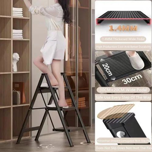 Miniatura 2 de Escalera de 3 escalones, taburete plegable con pedal antideslizante ancho, capacidad de carga de 330 libras, ligero y portátil para ahorrar espacio