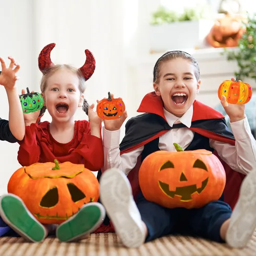 Miniatura 5 de Winlyn 8 juegos de pintura de calabaza de 4 pulgadas, manualidades de otoño, pintar tus propias calabazas de Halloween, calabazas de espuma blanca
