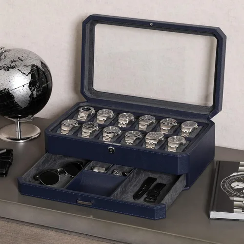 Miniatura 3 de ROTHWELL Caja de reloj de cuero con 12 ranuras con cajón de valet, organizador de exhibición de lujo de 12 ranuras, forro de microgamuza, soporte