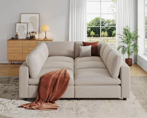 Miniatura 37 de VANOMi Sofá modular, cómodo sofá con marco de madera maciza de 3 asientos, sofá moderno certificado FSC para sala de estar, beige