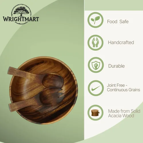 Miniatura 3 de Juego de ensaladera de madera de acacia – 9” Cuenco redondo artesanal con 2 servidores de madera, vajilla rústica y duradera para ensaladas, frutas