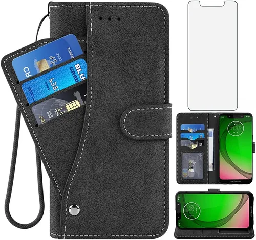Compatible con Moto G7 Play/MotoG7 Optimo XT1952DL/Tmobile Revvlry - Funda tipo cartera y protector de pantalla de vidrio templado con tapa para