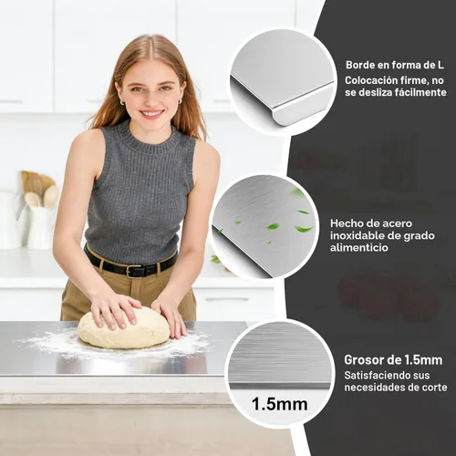 Miniatura 4 de Tabla de cortar de acero inoxidable con labio, tabla de cortar de metal grande con borde de encimera, apta para lavavajillas, tabla de pastelería