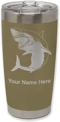 Miniatura 36 de LaserGram Vaso aislado al vacío de 20 onzas, gran tiburón blanco, grabado personalizado incluido (negro)