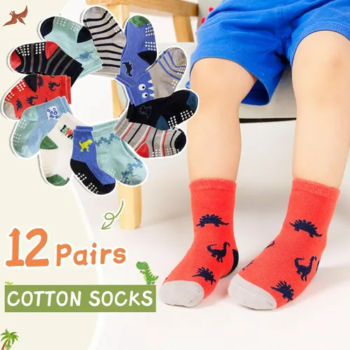 Miniatura 5 de Calcetines con Agarre Antideslizante para Niños Pequeños Calcetines de Tripulación de Algodón Anti Resbalón para Bebés Niños y Niñas 12 Pares