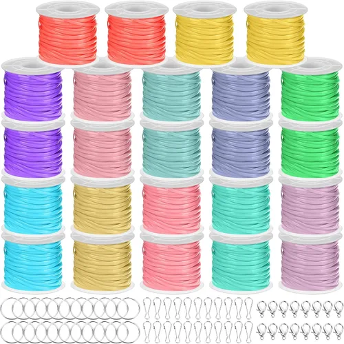 Miniatura 9 de Janinka Cuerda de cordón, 24 rollos de cuerda de plástico con 24 cierres de langosta, llaveros y clips de cordón o pulseras de amistad, fabricación