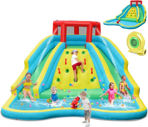 Miniatura 10 de HONEY JOY Tobogán acuático inflable con soplador de 680 W, tobogán largo doble gigante/casa de rebote/pared de escalada/carrera de obstáculos, cañón