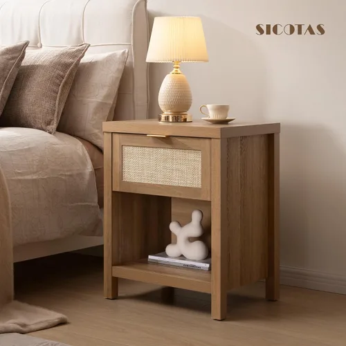 Miniatura 2 de SICOTAS Juego de 2 mesitas de noche de ratán, mesita de noche de granja con cajón y estante de almacenamiento, mesa auxiliar bohemia para Roble