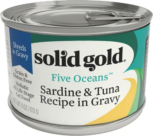 Miniatura 24 de Solid Gold comida húmeda para gatos desmenuzada con salsa - Alimento enlatado para gatos hecho con atún real y caballa - Sin granos de los Cinco
