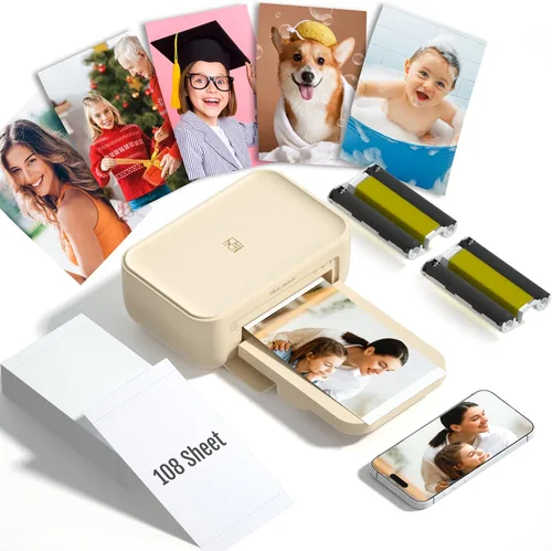HPRT CP4100 Impresora de Foto - Impresora Instantánea Portátil 4x6 Bluetooth + 108 Hojas y 2 Cintas, Móvil, Sublimación de Tinta Premium - Beige