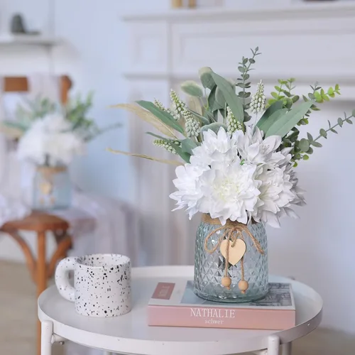 Miniatura 5 de Flores de imitación con jarrón, flores artificiales de seda en jarrón, planta falsa eucalipto y sauce, arreglo floral para el hogar, granja, cocina