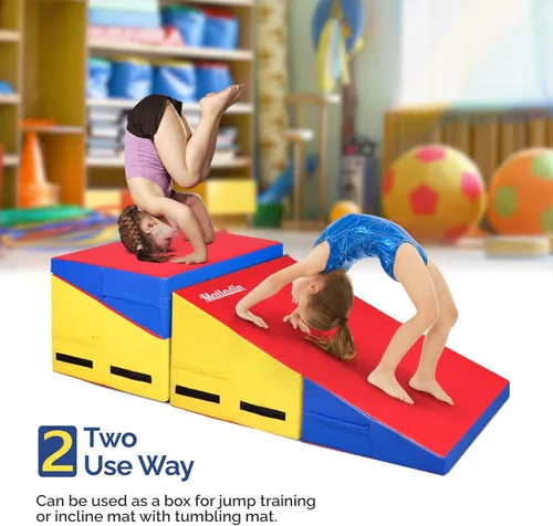 Miniatura 4 de Matladin Alfombrilla de cuña inclinada para gimnasia, plegable, para niños y niñas, entrenamiento en casa Rojo+amarillo+azul