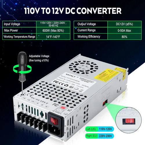 Miniatura 3 de VAYALT Fuente de alimentación de conmutación DC 12V 50A 600W, Convertidor de CA a CC de 110V/220V, Conmutación regulada universal, Fuente de 12