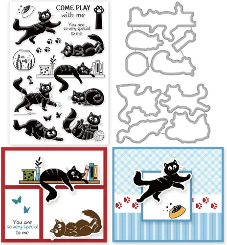 INFUNLY Sellos y troqueles de gato para hacer tarjetas Juego de sellos y troqueles de gato transparentes Troquel de corte de metal Sellos de goma de