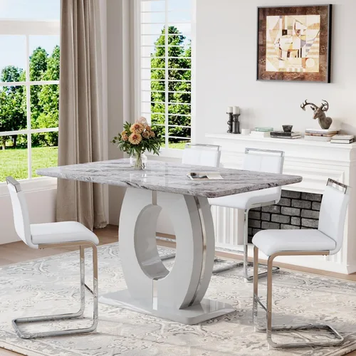 Miniatura 12 de Juego de mesa de comedor de mármol de 63 pulgadas para 6, moderno juego de mesa de comedor de altura de mostrador, mesa alta gris con taburetes