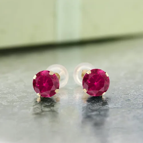 Miniatura 3 de Gem Stone King Aretes de tuerca de oro amarillo de 14 quilates con rubí rojo para mujer (1.20 quilates redondo de 0.197 in), Metal Gema, Rubí