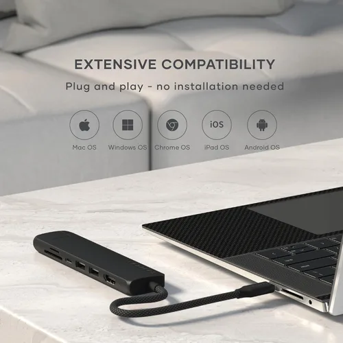 Miniatura 8 de Satechi Adaptador multipuerto USB C 7 en 1 con Ethernet, HDMI 4K a 60Hz, carga PD de 100 W, 2 puertos de datos USB-A, lectores de tarjetas Micro/SD